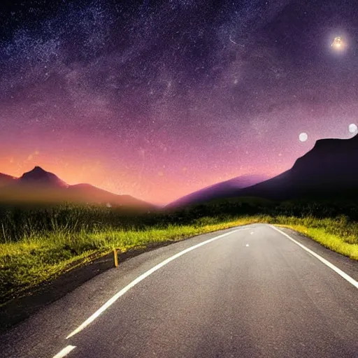 Prompt: Night scene, moonlit road, slow moving clouds passing by, light from car lights, view of mountains in distance. Full moonlight and starry sky.