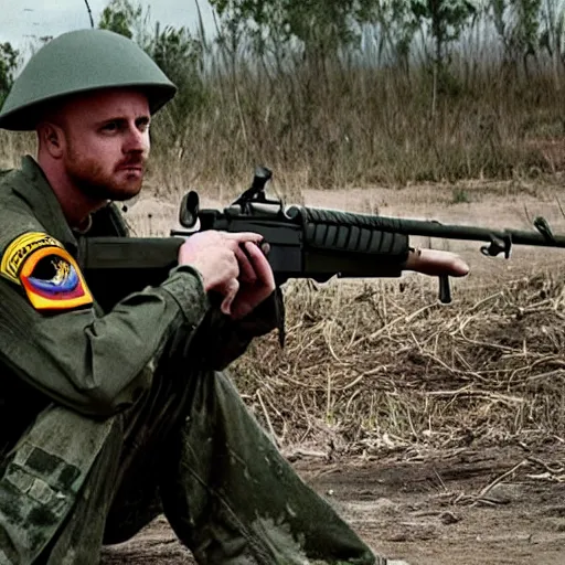 Image similar to jesse pinkman from breaking bad holding an m 1 6 rifle in the vietnam war, 4 k, hyper realistic