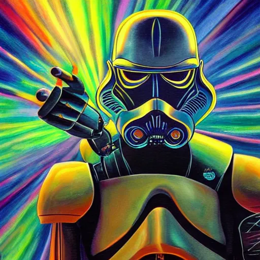 Prompt: Painting of a Stromtrooper designed by alex grey, flooko, etheral, detailed, glows,