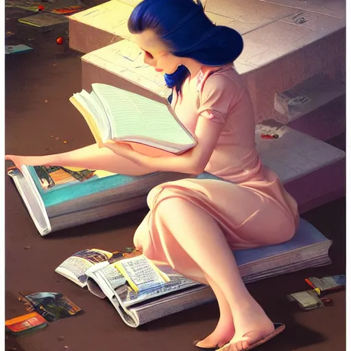 Image similar to a girl reading a book, hair flowing down, matte painting, bold shapes, hard edges, street art, trending on artstation, by huang guangjian and gil elvgren and sachin teng