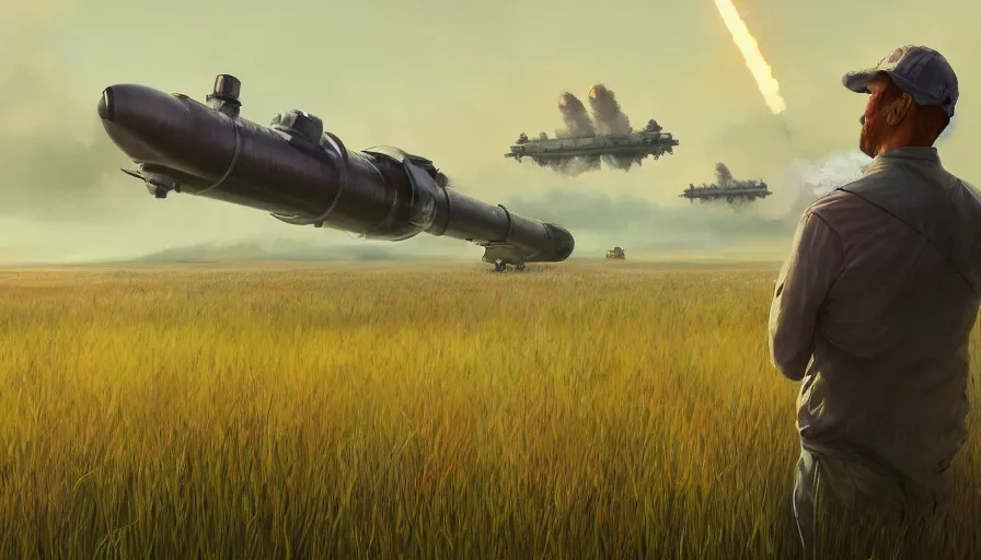 Prompt: farmer watching missiles takes off from grasslands, hyperdetailed, artstation, cgsociety, 8 k