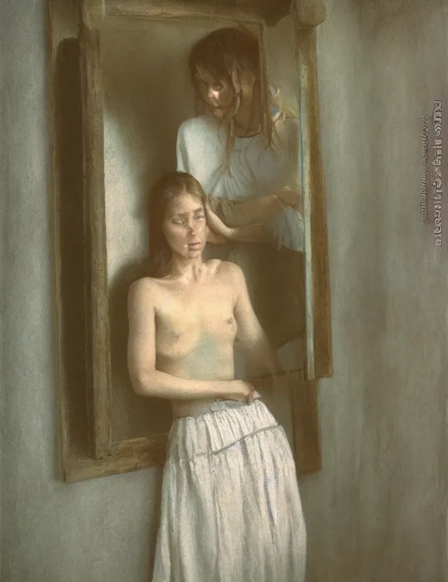 Image similar to peasant girl looking in a mirror in a bathroom, polaroid photo bleached vintage pastel colors high - key lighting, soft lights, foggy, by steve hanks, by lisa yuskavage, by serov valentin, by tarkovsky, detailed, oil on canvas