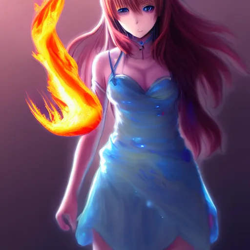 Prompt: advanced digital anime art, a very cute gorgeous teenage girl made of fire and ice with red fiery watery eyes glancing over her left shoulder wearing a dress made of water is standing in an apocalyptic burning city, full body, full round face, dramatic cinematic lighting, highly intricately detailed, trending on pixiv, Artstation, painted by Rossdraws and the style of Sakimimichan