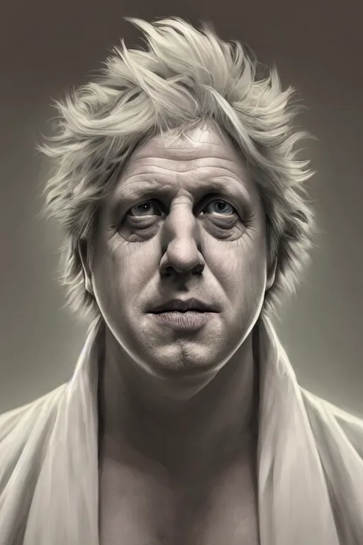 Image similar to Boris Johnson as Rick Sanchez, one eyebrow, white robe, big eyes, 2d portrait, symmetrical, highly detailed, digital painting, artstation, concept art, smooth, sharp focus, illustration, cinematic lighting, art by artgerm and greg rutkowski and alphonse mucha