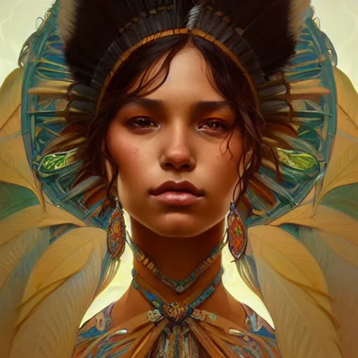 Image similar to a beautiful indigenous girl, fantasy, intricate, elegant, highly detailed, digital painting, artstation, concept art, matte, sharp focus, illustration, art by Artgerm and Greg Rutkowski and Alphonse Mucha