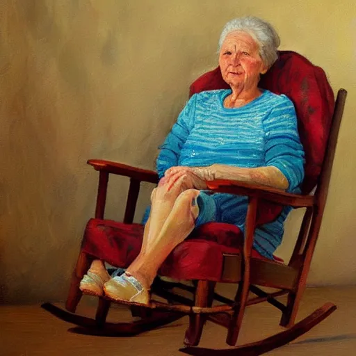 Image similar to painting in the zandinsky style of a grandmother sitting in a rocking chair, surrounded by her grandchildren, while she tells them a story, hiperrealism, artstation