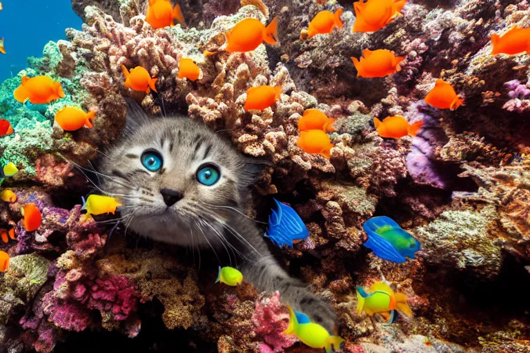 Prompt: photo of a baby cat scuba diving and chasing a school of fish above colorful coral reefs, award - winning photograph, national geographic, 8 k uhd, excellent lighting