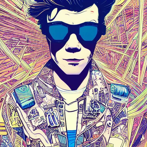 Prompt: hyper detailed comic illustration of a cyberpunk Harry Styles wearing a futuristic sunglasses and a gorpcore jacket, markings on his face, by Josan Gonzalez and Geof Darrow, intricate details, vibrant, solid background, low angle fish eye lens