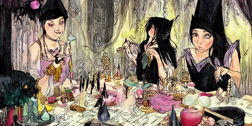 Image similar to a young black haired witch performing a tarot card fortune telling in her room full of elixirs, magical talismans and charms, illustration in the style of kaye waldberg and matthew lyrett and maria garcia garta, artstation, pixiv, smooth curves and sharp edges, gorgeous lighting,