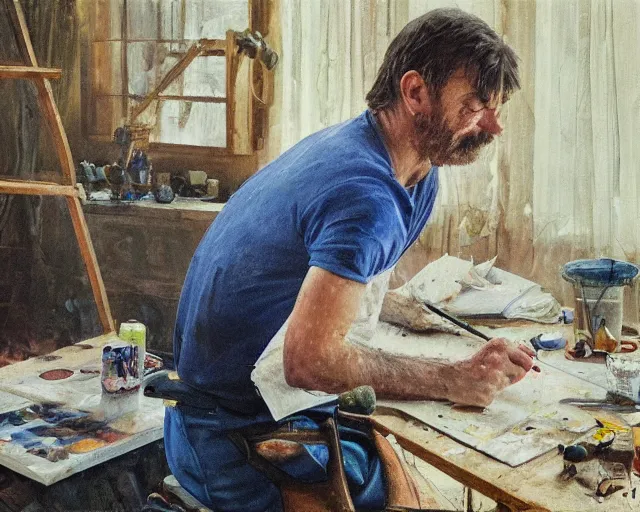 Image similar to an exhausted painter in his studio painting a picture of a pepe the frog - key lighting, soft lights, foggy, by steve hanks, by lisa yuskavage, by serov valentin, by tarkovsky, 8 k render, detailed, oil on canvas