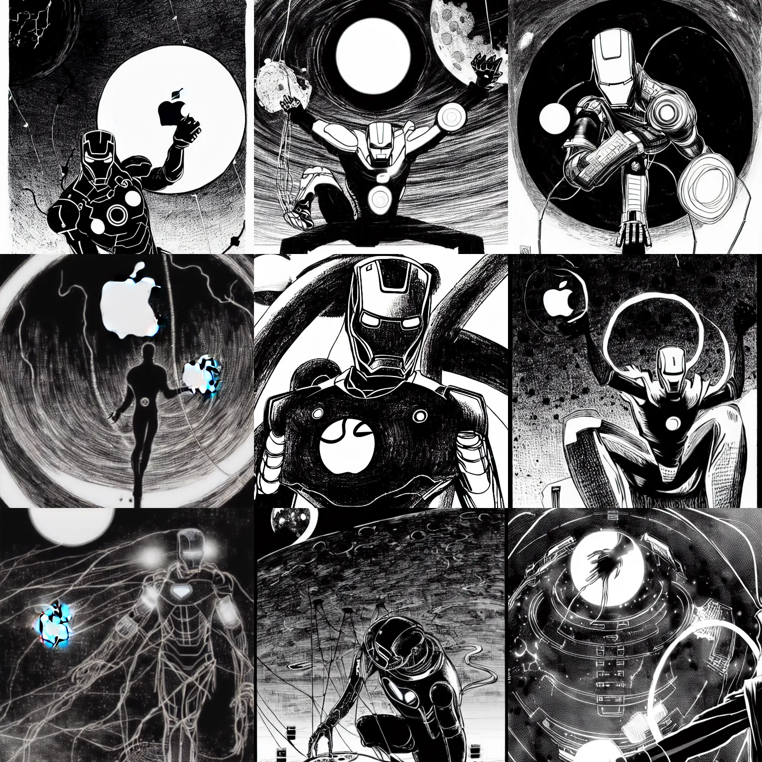 Prompt: black and white sad iron man with wires eats apple on hands on the destroed moon, wires earth background, by tsutomu nihei