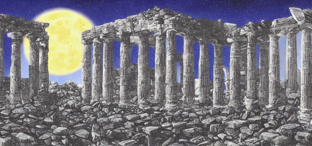 Image similar to The ruins of the Silver Millennium on the moon from Sailor Moon, digital painting, Earth in the distance, Greek-esque columns and ruins