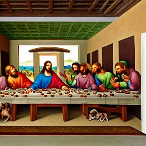 Image similar to painting of the last supper with dogs, mural by michelangelo