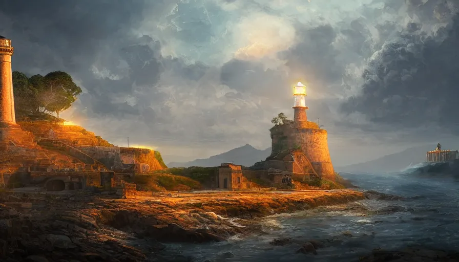 Image similar to ancient city of Rome with a lighthouse near the shore and a village in a valley, intricate, elegant, volumetric lighting, digital painting, highly detailed, artstation, sharp focus, illustration, concept art, ruan jia, steve mccurry