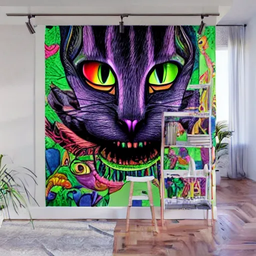 Prompt: psychedelic, photorealistic, colorfully cheshire cat in a maximalist style on a background that fades to black