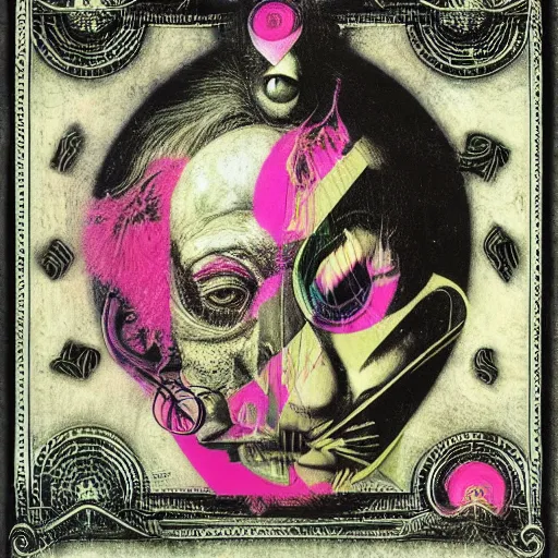 Image similar to post - punk new age album cover, asymmetrical design, frame of a dollar bank notes, capitalism, magic, apocalypse, psychedelic, black white pink, magic, giger h. r., giuseppe arcimboldo