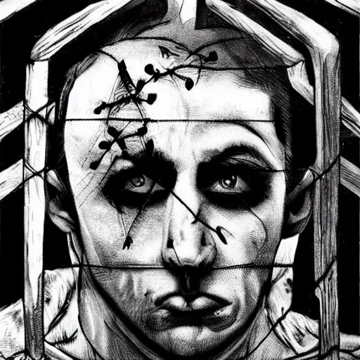 Prompt: a man with a gothic cage over his face who is afraid of waking up