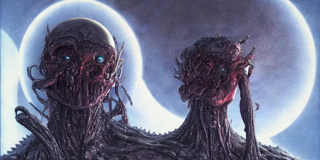 Prompt: the eclipse from berserk, griffith in armor, creepy, melting, since, horror, art by wayne barlowe, giger, artgerm