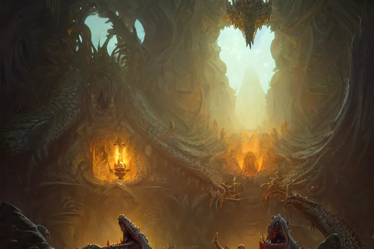 Prompt: crocodile god lair, deep focus, d & d, fantasy, intricate, elegant, highly detailed, digital painting, artstation, concept art, matte, sharp focus, illustration, hearthstone, art by artgerm and greg rutkowski and alphonse mucha