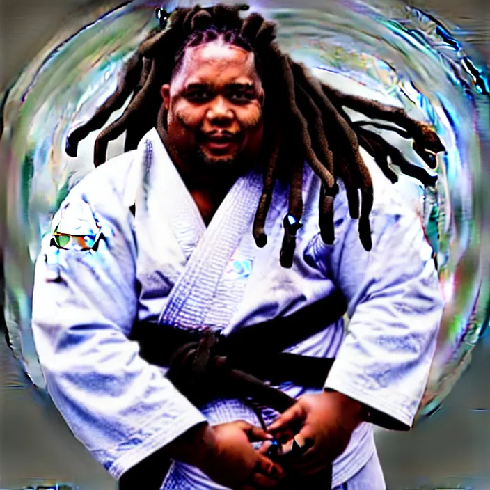 Image similar to photo of an overweight black man with dreads wearing a gi, doing martial arts, 4 k