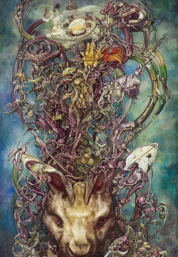 Prompt: simplicity, elegant, colorful muscular rabbit, botany, orchids, radiating, mandala, psychedelic, garden environment, wolf skulls, by h. r. giger and esao andrews and maria sibylla merian eugene delacroix, gustave dore, thomas moran, pop art, biomechanical xenomorph, art nouveau, cheerful, glass domes