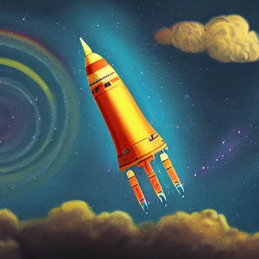 Prompt: a distant view of a space rocket taking off. The exhaust is rainbow clouds. Beautiful fantasy art digital painting trending on artstation