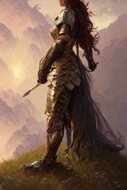 Prompt: portrait of a beautiful mysterious woman warrior wearing an armour costume, profile view, standing on edge of cliff, fantasy, regal, intricate, by stanley artgerm lau, greg rutkowski, thomas kinkade, alphonse mucha, loish, norman rockwell