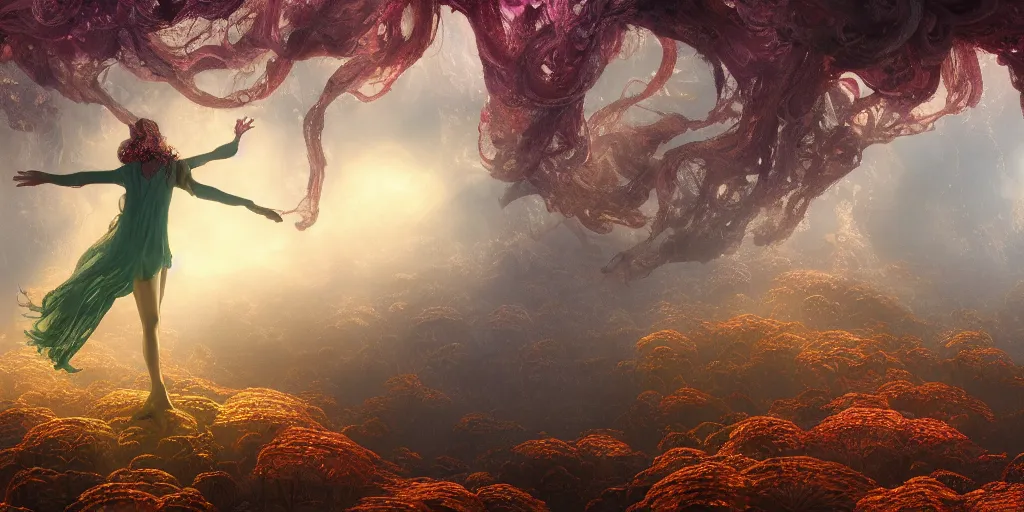 Image similar to Photorealistic intricate detailed picture of a levitating floating woman made out of colorful fungus tendrils, with arms outstretched. a gentle rising mist, an epic rocky landscape. occult photorealism, UHD, amazing depth, glowing, golden ratio, 3D octane cycle unreal engine 5, volumetric lighting, cinematic lighting, cgstation artstation concept art