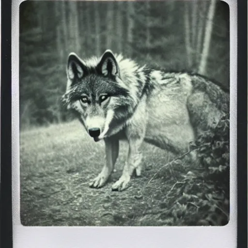 Prompt: old polaroid from 1 9 5 2 depicting a wolf fursona, meditating on a clearing, sunny day