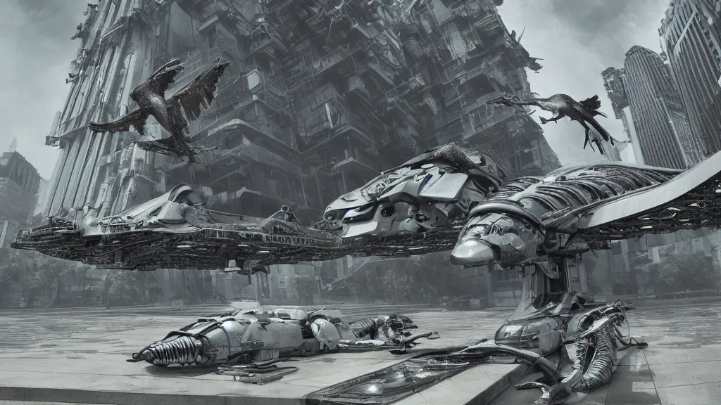 Image similar to organic mechanical metal osprey aircraft, giger influenced with ornate intricate details, landed on futuristic brutalist concrete heliport, ornate buildings with white and blue flowers, with cyborg female soldiers wearing stealth transparent clothing, daytime, wet floor on streets, matte painting, unreal engine, cinematic camera, mirrors edge,