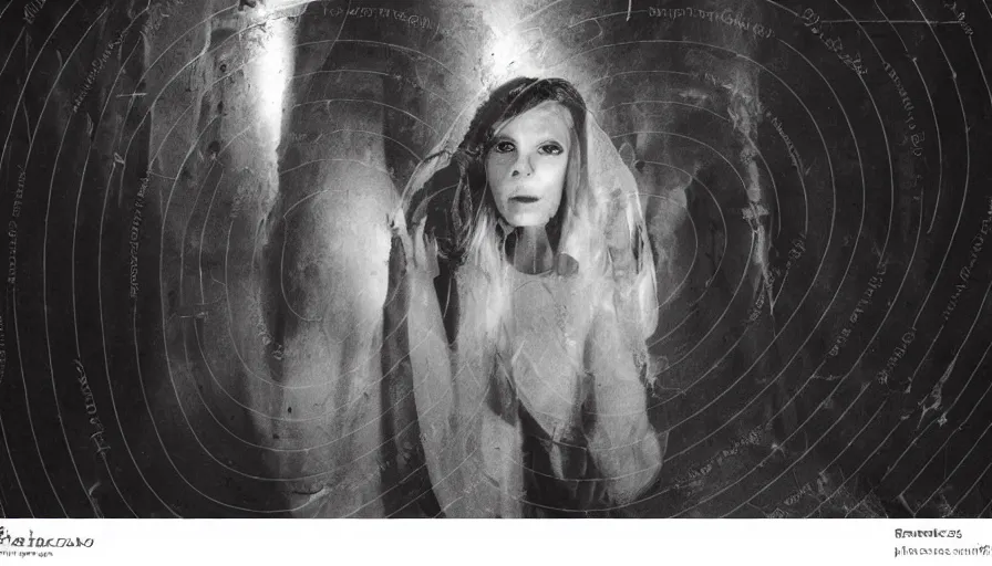 Image similar to portrait of a white female phantom with roots fingers in an empty soviet tunnel, early black and white 8mm, heavy grain, low quality,