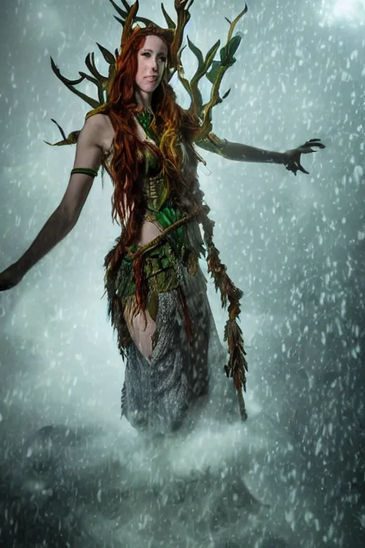 Image similar to Marisha Ray as Keyleth from Vox Machina, Half-elf Druid, realistic cinematic shot, swirling nature magic, subtle fog and mood lighting