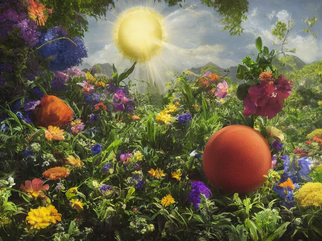 Image similar to sunlight study, the universe is a spheroid region 7 0 5 meters in diameter of kauai wildflower undergrowth, art nouveau, by jan davidz de heem and ( ( ( ( ( lisa frank ) ) ) ) ), 8 k, sharp focus, octane render