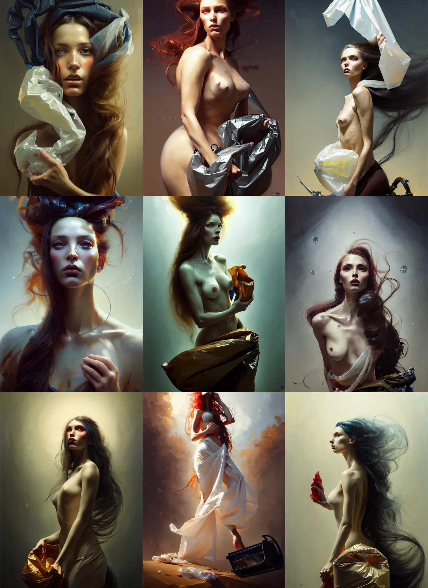 Prompt: fine art portrait oil painting of a beautiful woman with long hair wearing a plastic garbage bag for clothes, perspective, ultra detailed, elegant, intricate, dynamic lighting, hyperrealism, sharp focus, art by peter mohrbacher and jeremy mann and andrei riabovitchev