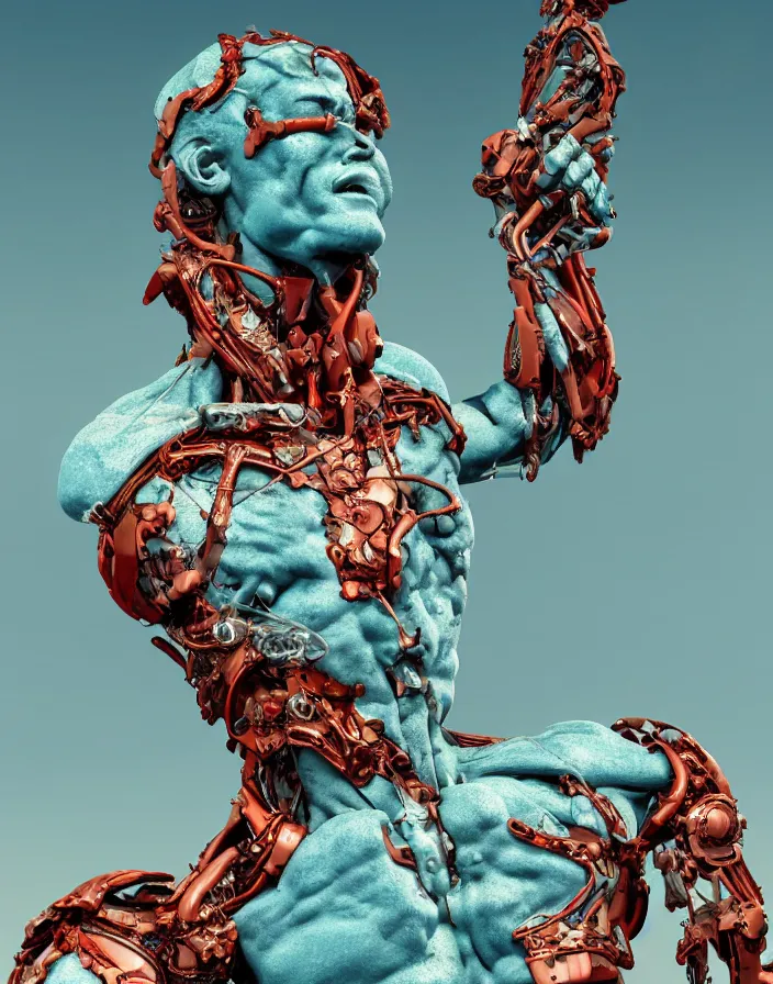 Prompt: positing on rock Apollon sculpture, biomechanical, full lenght view. wearing a helmet. white plastic, human skull, swollen muscles, tumors, veins, baroque elements. halo. octane rendering, cinematic, hyperrealism, octane rendering, 8k, depth of field, bokeh. iridescent accents. vibrant. teal gold and red color scheme