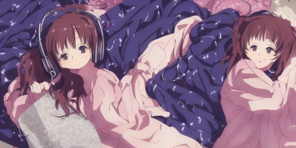 Image similar to girl listening to music at 1 am falling asleep, anime, kyoto animation key visual