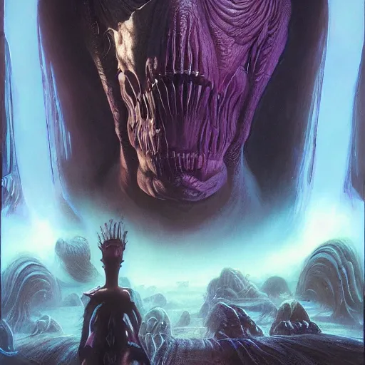 Prompt: a fantasy style portrait painting of a extremely surreal, strange and incomprehsible alien with a futuristic background and dramatic lighting oil painting unreal 5 daz. rpg portrait, extremely detailed wayne barlowe michael whelan greg rutkowski greg hildebrandt tim hildebrandt michael whelan h r giger moebius