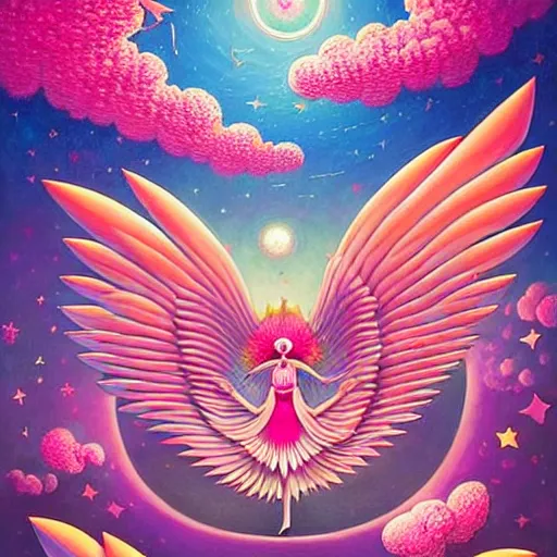 Prompt: abstract miraculous creature, giant wings, pink, flower blossoms, stars, night sky, hyper detailed, kawaii, by jacek yerka, lewandowski, hopper and gilleard, ryden, wolfgang lettl, hints of yayoi kasuma