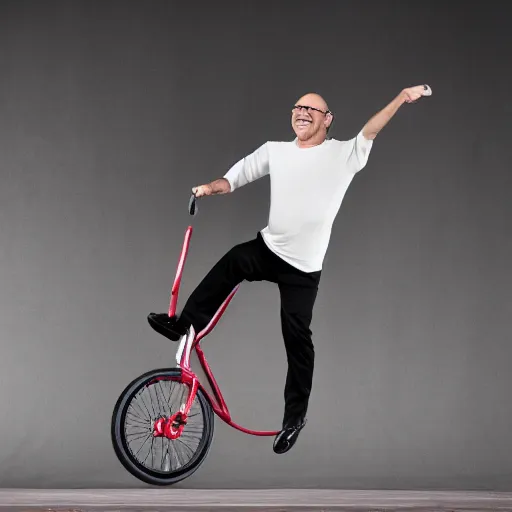 Image similar to george costanza riding a unicycle and juggling, joyful smile on face, spotlight lighting, professional photograph, 4 k