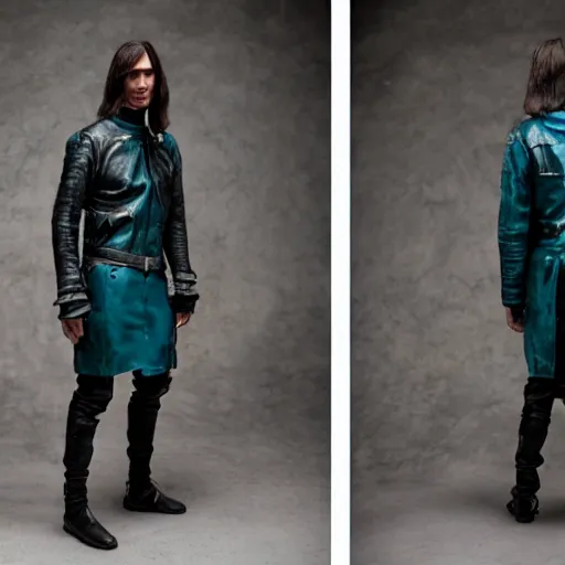 Image similar to an award - winning closeup photo of a male model wearing a baggy teal distressed medieval leather menswear jacket by boris bidjan saberi, 4 k, studio lighting, wide angle lens