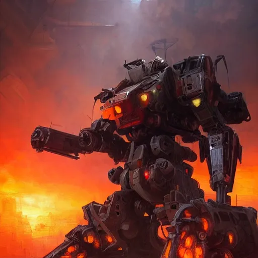 Image similar to portrait of timberwolf battlemech on fire, battle damage, sunset glow around head, intricate, elegant, highly detailed, digital painting, artstation, concept art, smooth, sharp focus, illustration, art by artgerm and greg rutkowski and alphonse mucha, background is a city in ruins