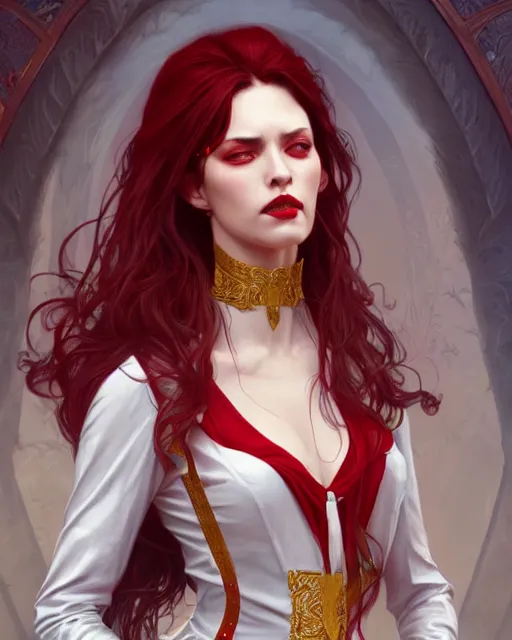 Image similar to female queen vampire, perfect face, gold waistcoat, red shirt, long grey hair, red necktie, cinematic, stunning, highly detailed, digital painting, artstation, smooth, hard focus, illustration, art by artgerm and greg rutkowski and alphonse mucha