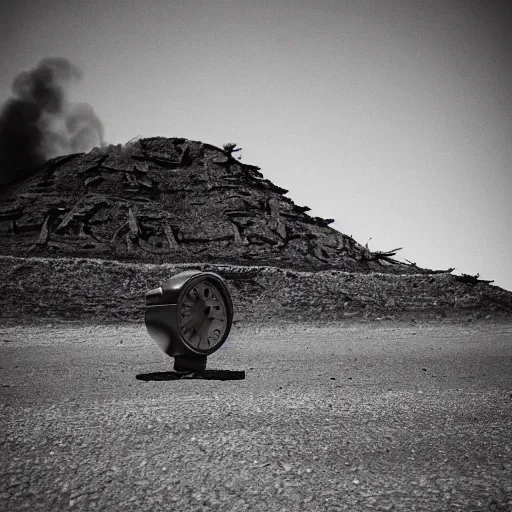 Image similar to Minion, George Miller, Photorealistic, desert, post apocalyptic, fire, dust, black and white