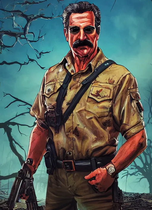 Prompt: A comic book style portrait painting of Magnum PI as a grim ranger in a post apocalyptic setting with bombarded broken trees, unreal 5, DAZ, hyperrealistic, octane render, RPG portrait, ambient light, dynamic lighting