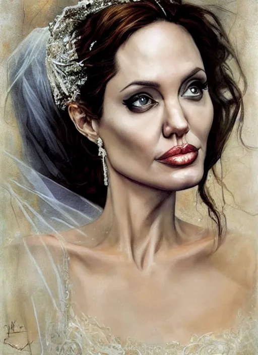 Image similar to Angelina Jolie as a bride at her wedding, wedding portrait art by Karol Bak