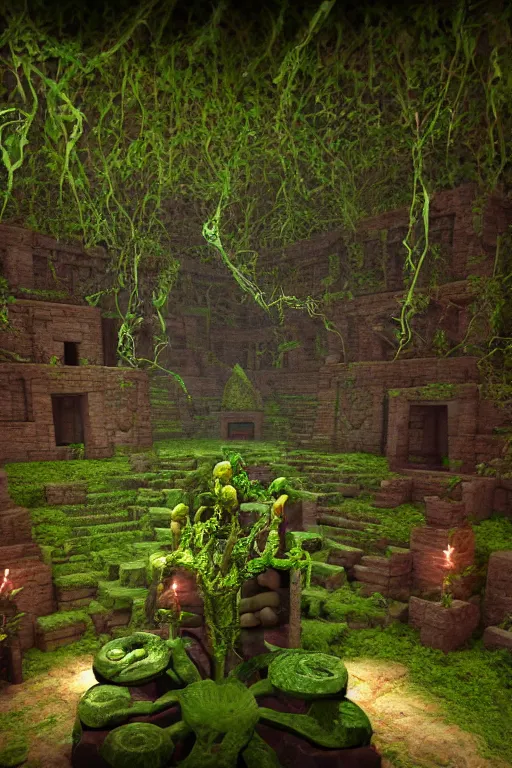 Image similar to a beautiful 3 d stylized interior scene of a dark ancient mayan temple with voodoo magic, green potions, vines, octane, unreal engine,