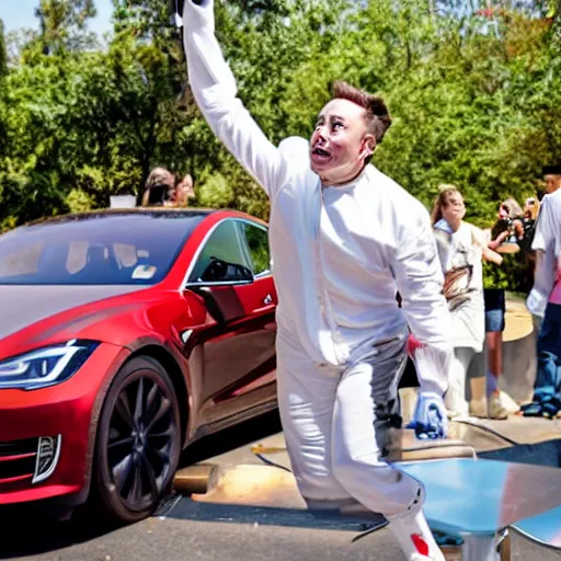 Prompt: Elon Musk serving diner food outdoors on roller skates, and wearing a diner uniform