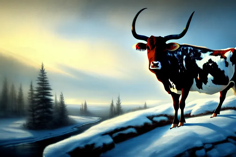 Prompt: an winter painting of a longhorn steer on a high bluff, key visual, concept art, extremely moody lighting, highly detailed, digital painting, artstation, unreal engine