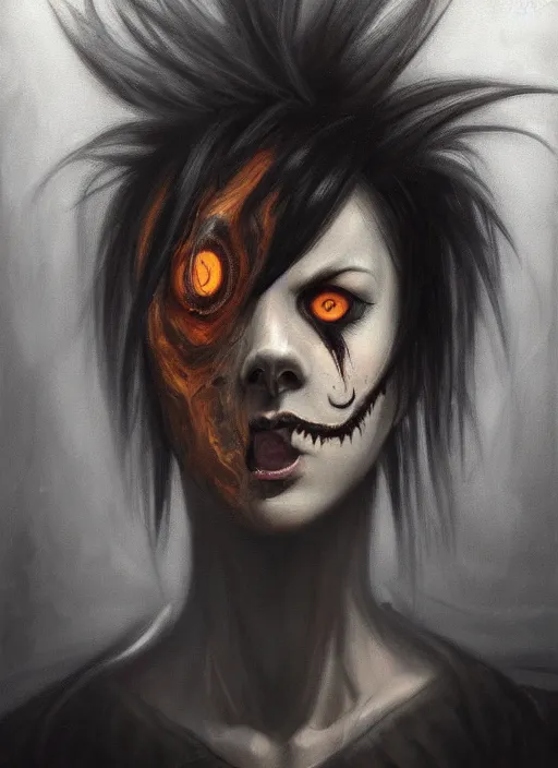 Image similar to dark portrait painting of tracer from overwatch, in style of zdzisław beksinski, scary, horror, 4 k, feminine facial features, overwatch tracer character, horror, body horror, disturbing, detailed face, dressed in dark garment, black tendrils, tall,