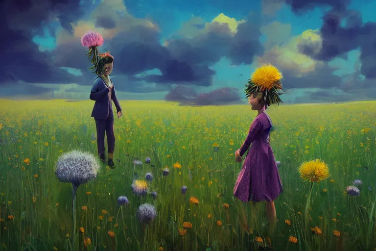 Image similar to closeup, giant thistle flower under head, a girl in a suit in field of flowers, surreal photography, sunrise, blue sky, dramatic light, impressionist painting, digital painting, artstation, simon stalenhag